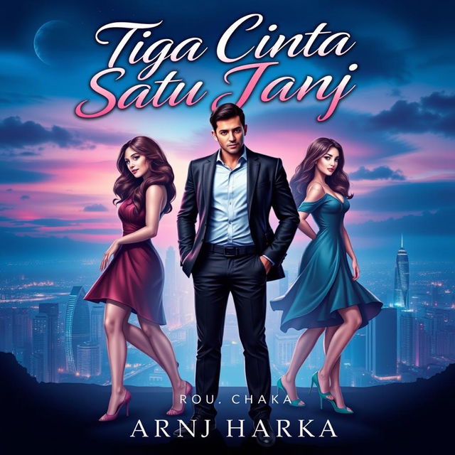 An engaging e-book cover for 'Tiga Cinta Satu Janji' by Kathaka, illustrating the theme of one man with four loves