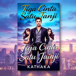 An engaging e-book cover for 'Tiga Cinta Satu Janji' by Kathaka, illustrating the theme of one man with four loves