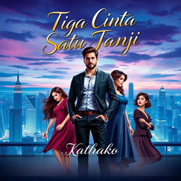 An engaging e-book cover for 'Tiga Cinta Satu Janji' by Kathaka, illustrating the theme of one man with four loves