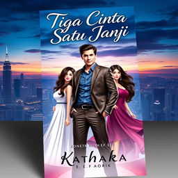 An engaging e-book cover for 'Tiga Cinta Satu Janji' by Kathaka, illustrating the theme of one man with four loves