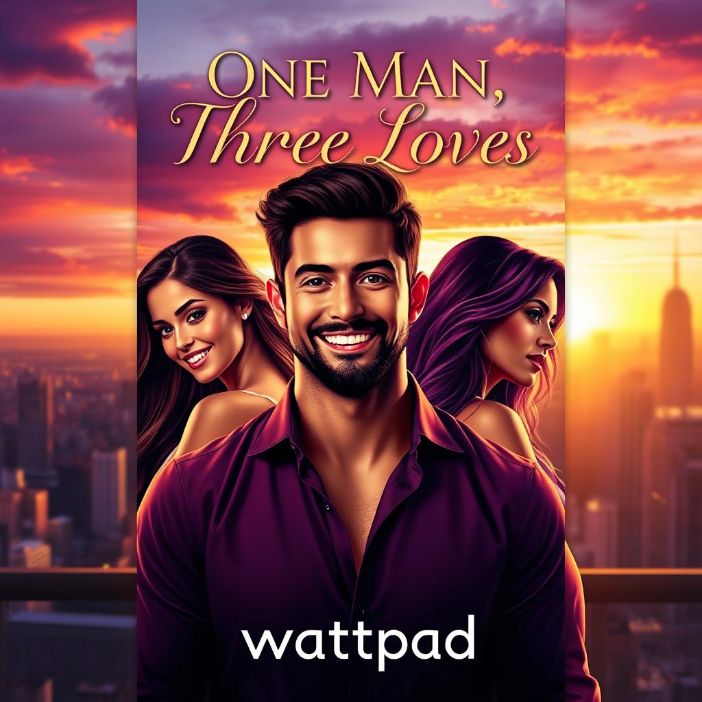 An artistic e-book cover for a Wattpad story illustrating the theme of one man with three loves