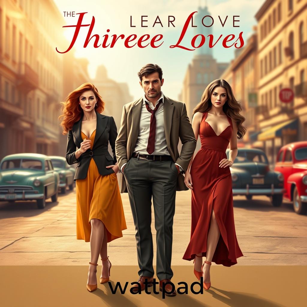 A dynamic e-book cover for a Wattpad story illustrating the theme of one man juggling three loves in the 20th century