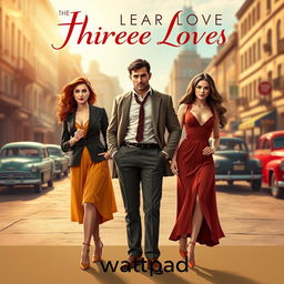 A dynamic e-book cover for a Wattpad story illustrating the theme of one man juggling three loves in the 20th century