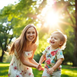 A beautiful outdoor scene with a happy woman smiling and playing with a small child in a lush green park