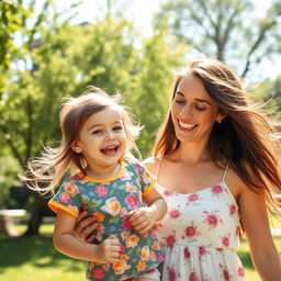 A beautiful outdoor scene with a happy woman smiling and playing with a small child in a lush green park