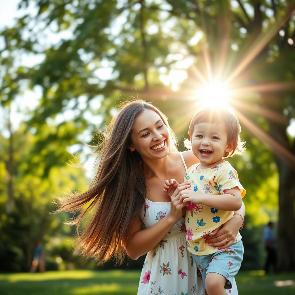 A beautiful outdoor scene with a happy woman smiling and playing with a small child in a lush green park