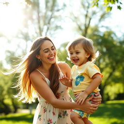 A beautiful outdoor scene with a happy woman smiling and playing with a small child in a lush green park