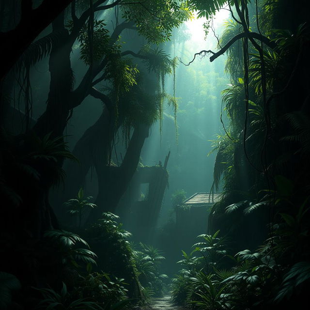 A dark, atmospheric jungle scene inspired by Resident Evil 4, featuring dense, lush greenery with towering trees, thick vines, and exotic plants