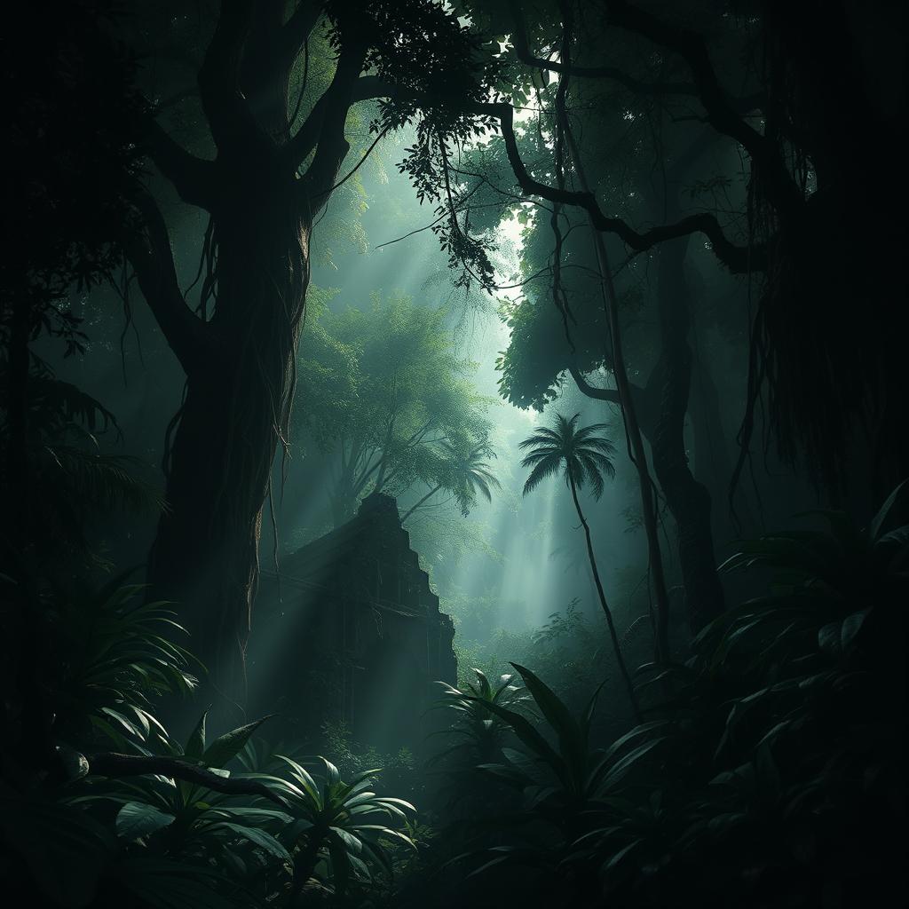 A dark, atmospheric jungle scene inspired by Resident Evil 4, featuring dense, lush greenery with towering trees, thick vines, and exotic plants