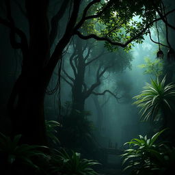 A dark, atmospheric jungle scene inspired by Resident Evil 4, featuring dense, lush greenery with towering trees, thick vines, and exotic plants