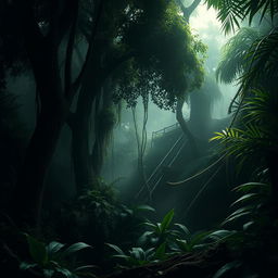 A dark, atmospheric jungle scene inspired by Resident Evil 4, featuring dense, lush greenery with towering trees, thick vines, and exotic plants