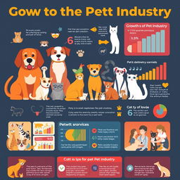 A captivating and informative graphic illustrating the growth of the pet industry, featuring various pets like dogs, cats, and exotic animals in vibrant colors