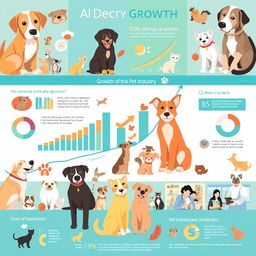 A captivating and informative graphic illustrating the growth of the pet industry, featuring various pets like dogs, cats, and exotic animals in vibrant colors