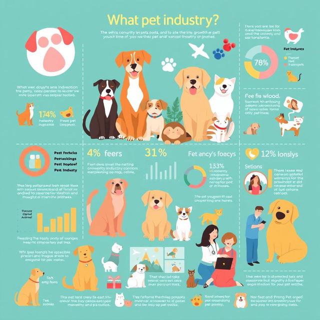 A captivating and informative graphic illustrating the growth of the pet industry, featuring various pets like dogs, cats, and exotic animals in vibrant colors