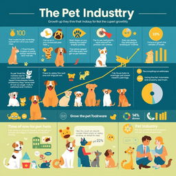 A captivating and informative graphic illustrating the growth of the pet industry, featuring various pets like dogs, cats, and exotic animals in vibrant colors
