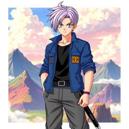 A realistic portrayal of Trunks from Dragon Ball Z standing confidently