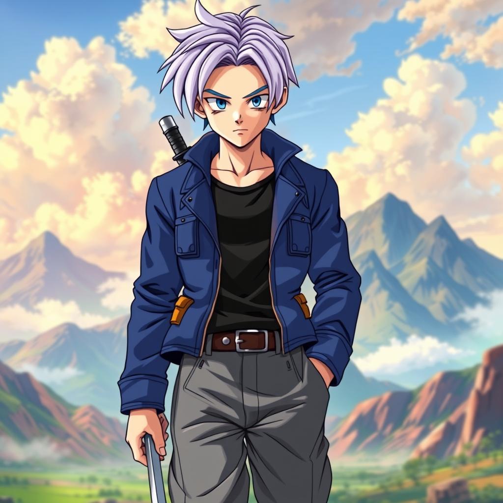 A realistic portrayal of Trunks from Dragon Ball Z standing confidently