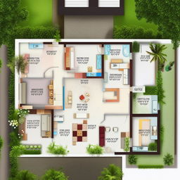 A 50'×65', 3BHK house floor plan, featuring a swimming pool within the main bathroom, an internal courtyard, a garden, a dedicated room for servitude, and a spiritual sanctuary (mandir).