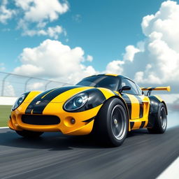 A vibrant, dynamic race car designed in the theme of a bumblebee, featuring bold yellow and black stripes, with aerodynamic curves and a glossy finish