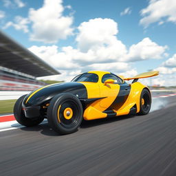 A vibrant, dynamic race car designed in the theme of a bumblebee, featuring bold yellow and black stripes, with aerodynamic curves and a glossy finish