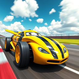 A vibrant, dynamic race car designed in the theme of a bumblebee, featuring bold yellow and black stripes, with aerodynamic curves and a glossy finish