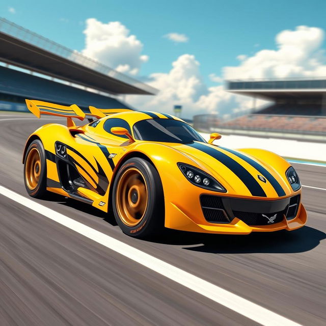 A vibrant, dynamic race car designed in the theme of a bumblebee, featuring bold yellow and black stripes, with aerodynamic curves and a glossy finish