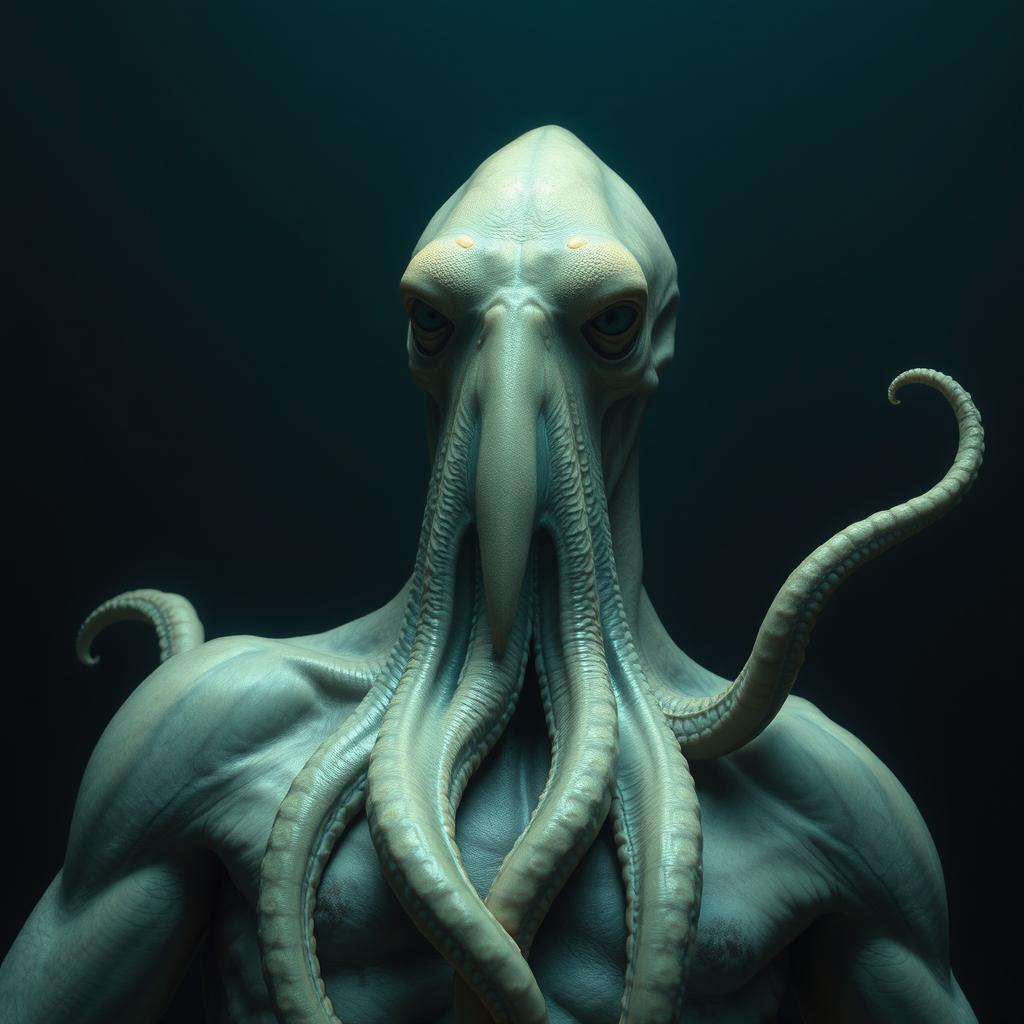 A humanoid creature with a squid head, featuring a beak instead of a mouth