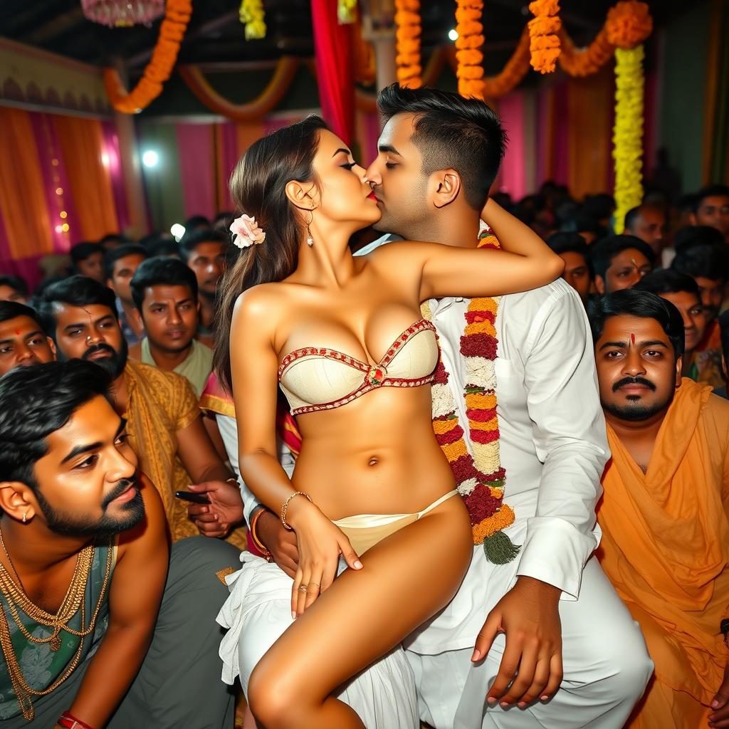 A captivating scene set at a vibrant Indian village wedding, showcasing a Russian girl in a strapless bikini that highlights her big breast cleavage, sitting elegantly on the lap of a rugged male guest