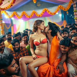 A captivating scene set at a vibrant Indian village wedding, showcasing a Russian girl in a strapless bikini that highlights her big breast cleavage, sitting elegantly on the lap of a rugged male guest