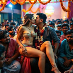 A captivating scene set at a vibrant Indian village wedding, showcasing a Russian girl in a strapless bikini that highlights her big breast cleavage, sitting elegantly on the lap of a rugged male guest