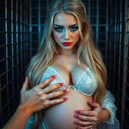 A beautiful, hot 19-year-old girl with long blonde hair, showcasing a striking and vivid makeup look