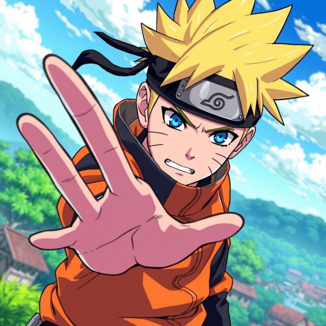 A highly detailed illustration of an anime character resembling Naruto Uzumaki, featuring his iconic spiky blonde hair and bright blue eyes