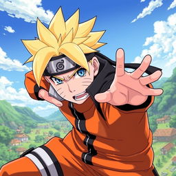 A highly detailed illustration of an anime character resembling Naruto Uzumaki, featuring his iconic spiky blonde hair and bright blue eyes