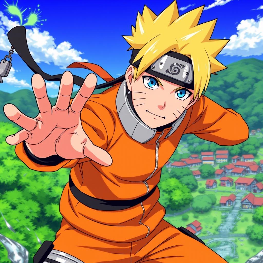 A highly detailed illustration of an anime character resembling Naruto Uzumaki, featuring his iconic spiky blonde hair and bright blue eyes