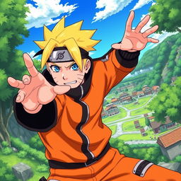 A highly detailed illustration of an anime character resembling Naruto Uzumaki, featuring his iconic spiky blonde hair and bright blue eyes