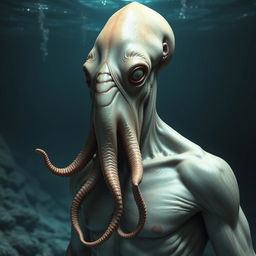 A realistic humanoid creature with a squid-like head featuring a beak instead of a mouth and five tentacles resembling a beard