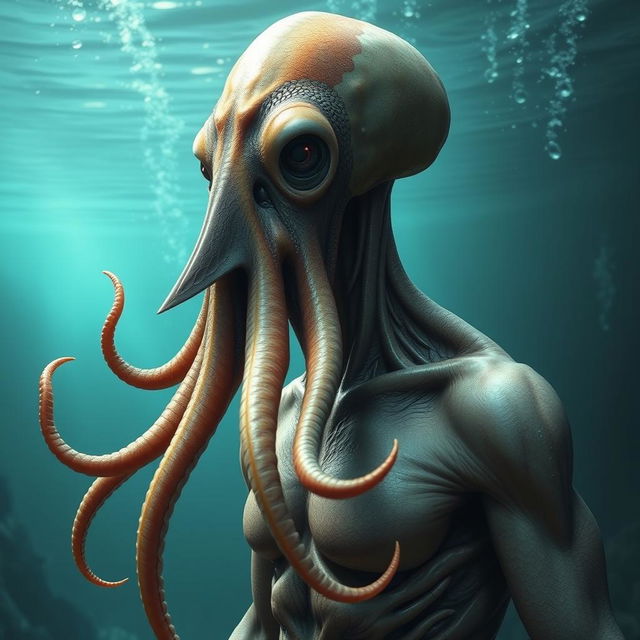 A realistic humanoid creature with a squid-like head featuring a beak instead of a mouth and five tentacles resembling a beard