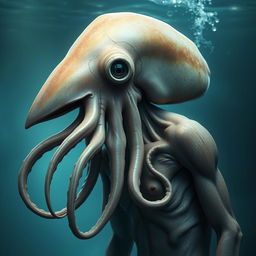 A realistic humanoid creature with a squid-like head featuring a beak instead of a mouth and five tentacles resembling a beard