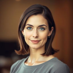 A portrait of a 32-year-old woman with shoulder-length brunette hair and striking gray eyes