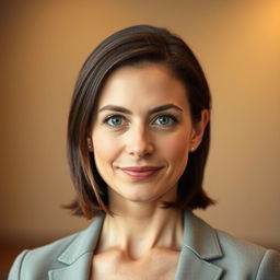 A portrait of a 32-year-old woman with shoulder-length brunette hair and striking gray eyes