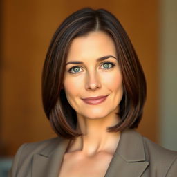A portrait of a 32-year-old woman with shoulder-length brunette hair and striking gray eyes