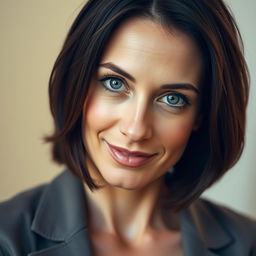 A portrait of a 32-year-old woman with shoulder-length brunette hair and striking gray eyes