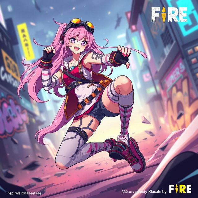 A dynamic and vibrant illustration of a fictional character named Sakura from a battle royale game, inspired by Free Fire