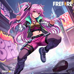 A dynamic and vibrant illustration of a fictional character named Sakura from a battle royale game, inspired by Free Fire