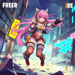 A dynamic and vibrant illustration of a fictional character named Sakura from a battle royale game, inspired by Free Fire
