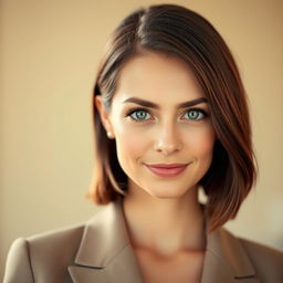 A portrait of a 30-year-old woman with shoulder-length brunette hair and captivating gray eyes