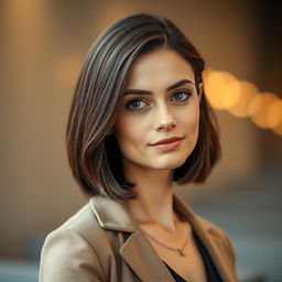 A portrait of a 30-year-old woman with shoulder-length brunette hair and captivating gray eyes