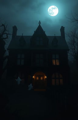 A dark, mysterious house shrouded in shadows, illuminated by eerie moonlight