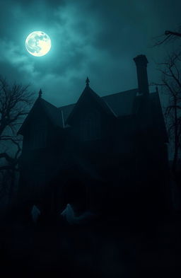A dark, mysterious house shrouded in shadows, illuminated by eerie moonlight