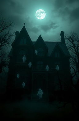 A dark, mysterious house shrouded in shadows, illuminated by eerie moonlight